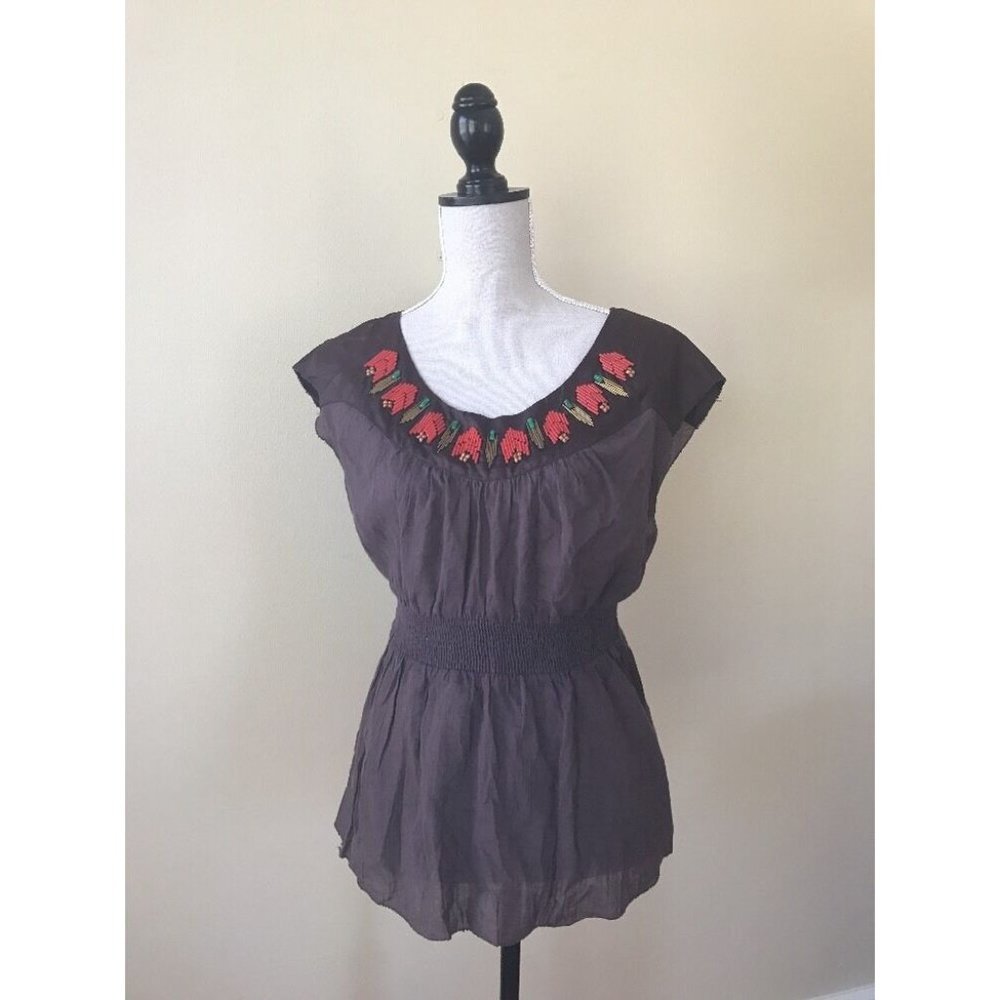 Floreat Anthropologie Brown Beaded Cap Sleeve Top
